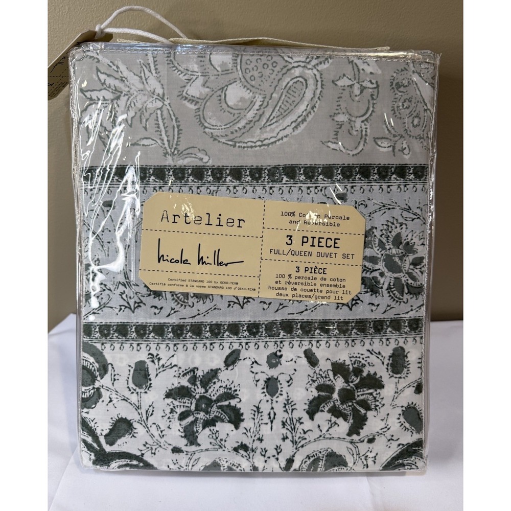 3pc Nicole Miller Artelier Blue FULL QUEEN Reversible Floral Duvet Cover Paisley